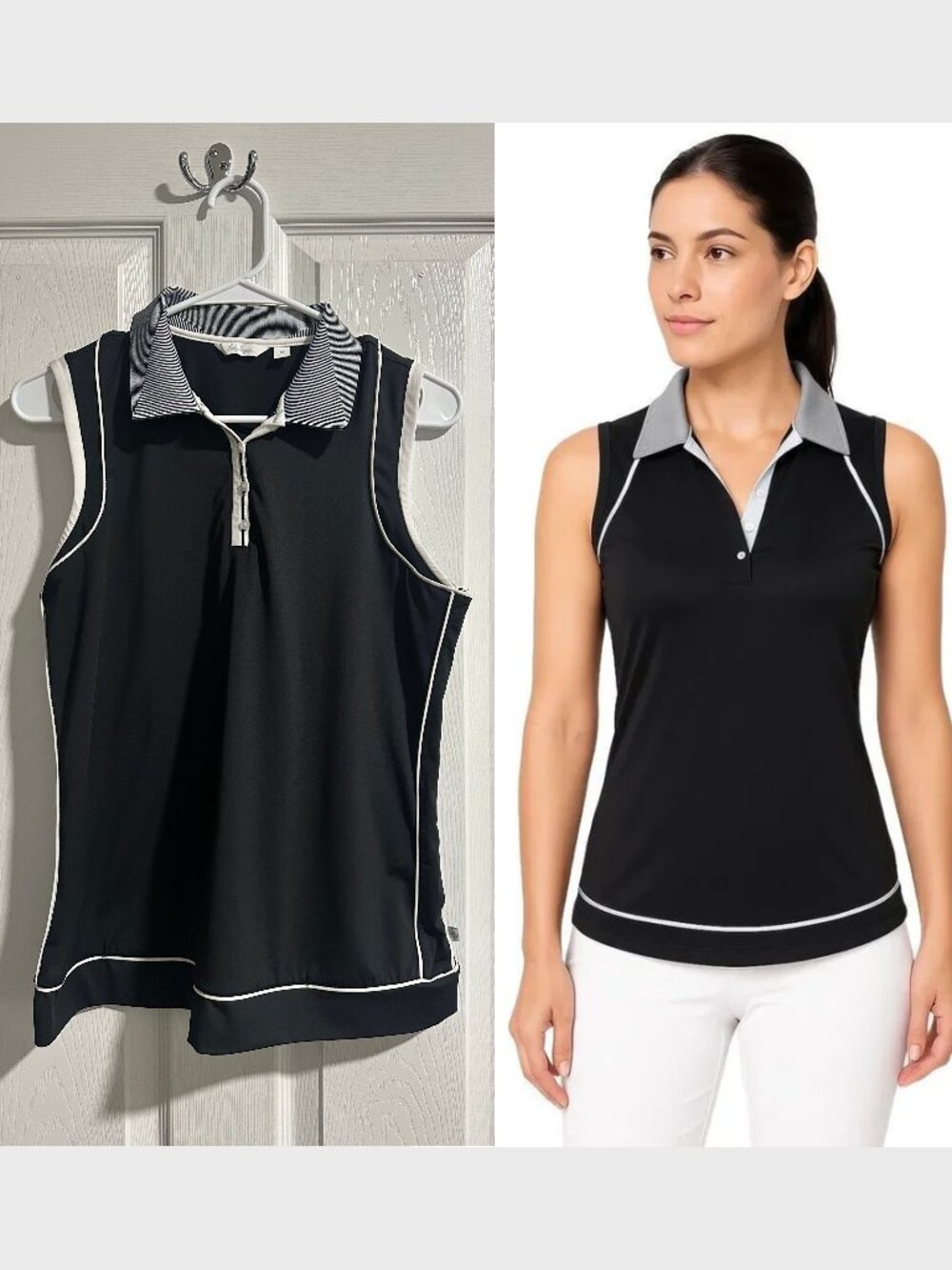 Black & White Sleeveless Polo Shirt - Lady Hagen - Size M